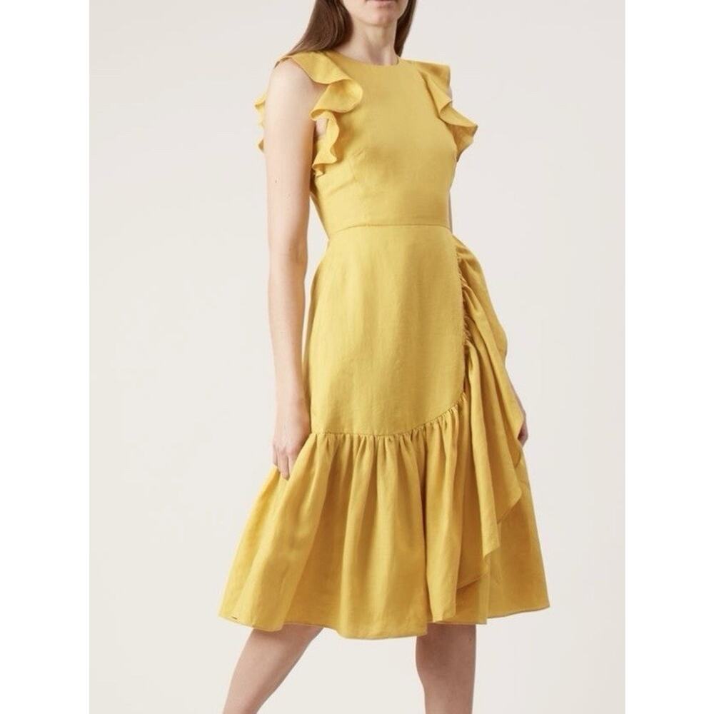 Hobbs London Carmen Mustard Yellow 100% Linen Ruffle Midi Dress Size 10 US